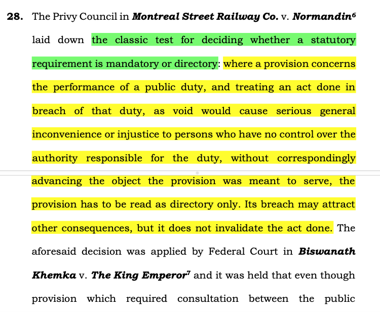 CiteCase's tweet photo. #SupremeCourt refers to Privy Council judgment of 1917 which laid down the classic test for deciding whether a statutory requirement is mandatory or directory: https://t.co/siTvNxxnYK