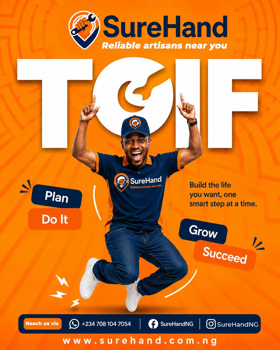 surehandng's tweet photo. #TGIF The weekend is here, but your goals don’t stop!

Plan it. Do it. Grow. Succeed. 💪
With SureHand, reliable opportunities and skilled hands are getting closer.

🚀 SureHand is launching soon!
Reliable artisans near you.

#tgif #SureHand #foryou #tiktoknigeria🇳🇬 #artisan https://t.co/Mu8sJO2s2a