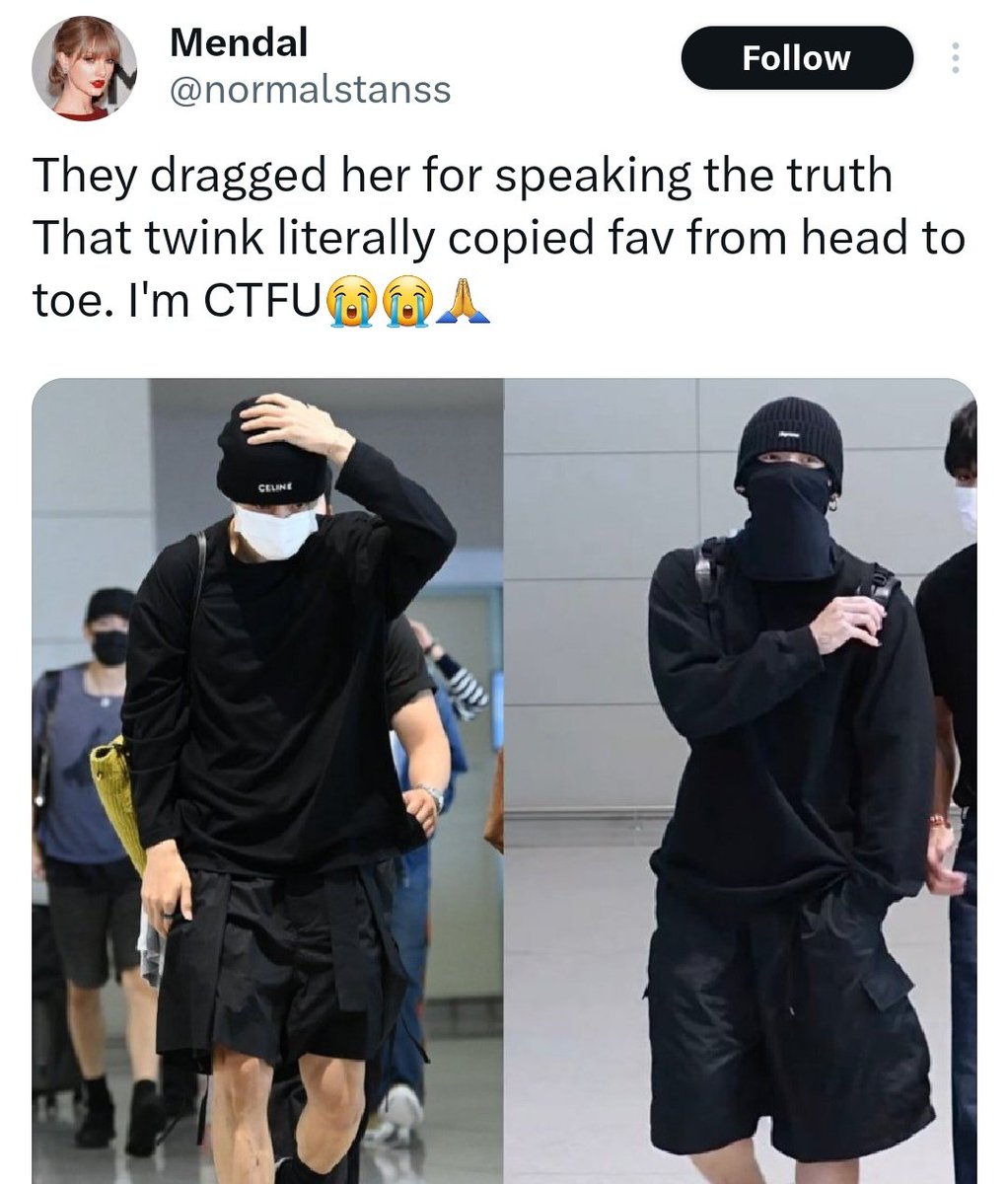 thvismuse's tweet photo. isn't it funny how these jjks didn't make a single post abt their fav's airport appearance yesterday yet they're fully updated on th? you'd think they're all th fans 😂

&amp; mind you, th was serving all black looks long before JK made it his whole identity https://t.co/q05UFqubRY