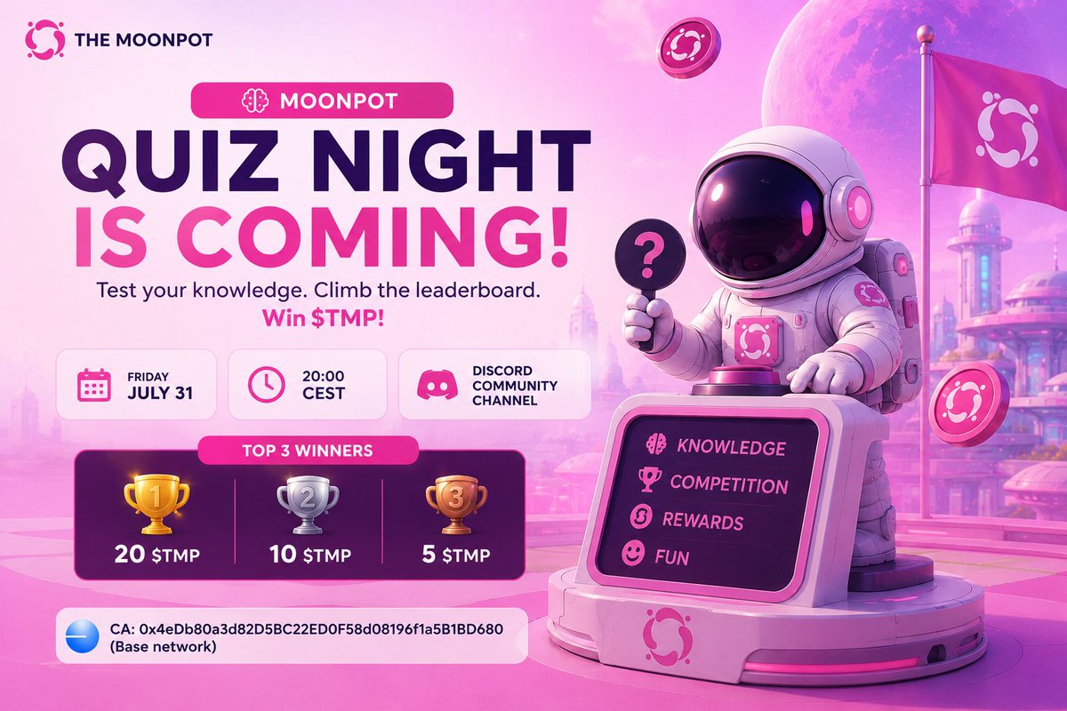 ZPY1_1's tweet photo. 🧠 Moonpot Quiz Night is here, CITIZENS!

Think you know The Moonpot? 
Put your knowledge to the test and compete for a spot on the leaderboard. 🏆

🥇 20 $TMP
🥈 10 $TMP
🥉 5 $TMP 

📅 July 31
⏰ 20:00 CEST
📍 Moonpot Discord

Come for the quiz, stay for the fun. 🌕💙

⛄️Discord : https://t.co/sRZcS3K5fz

@themoonpot26   $TMP