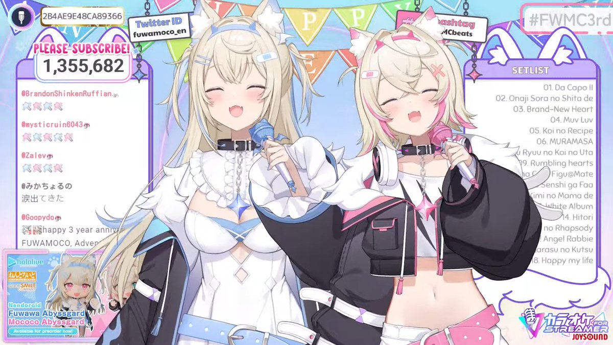 KaroshiMyriad's tweet photo. FUWAMOCO ROCK N' RAWR PARTY VISUAL NOVEL SONGS karaoke setlist:

01. "Da Capo II" (Da Capo II)
02. "Onaji Sora no Shita de" (Family Project ~Kazoku Keikaku~)
03. "Brand-New Heart" (ToHeart)
04. "Muv-Luv" (Muv-Luv)
05. "Koi no Recipe" (Sweet Legacy)
06. "MURAMASA" (Full Metal Daemon Muramasa)
07. "Toaru Ryuu no Koi no Uta" (Dra†Koi)
08. "Rumbling Hearts" (Kimi ga Nozomu Eien)
09. "Gacha Gacha Cute Figu@Mate" (Figu@mate)
10. "Akubi no Senshi ga Faa" (Sumaga)
11. "Kimi no Mama de" (Comic Party)
12. "White Album" (White Album)
13. "Hitori" (Tenshi no Inai 12-gatsu)
14. "Shokuzai no Rhapsody" (Prism Ark)
15. "Tenbatsu! Angel Rabbie" (Magical Twirler Angel Rabbie)
16. "Glass no Kutsu" (Saya no Uta)
17. "Happy my life" (Da Capo II: Spring Celebration)

https://t.co/XPIUfR2jfe #FWMC3rd