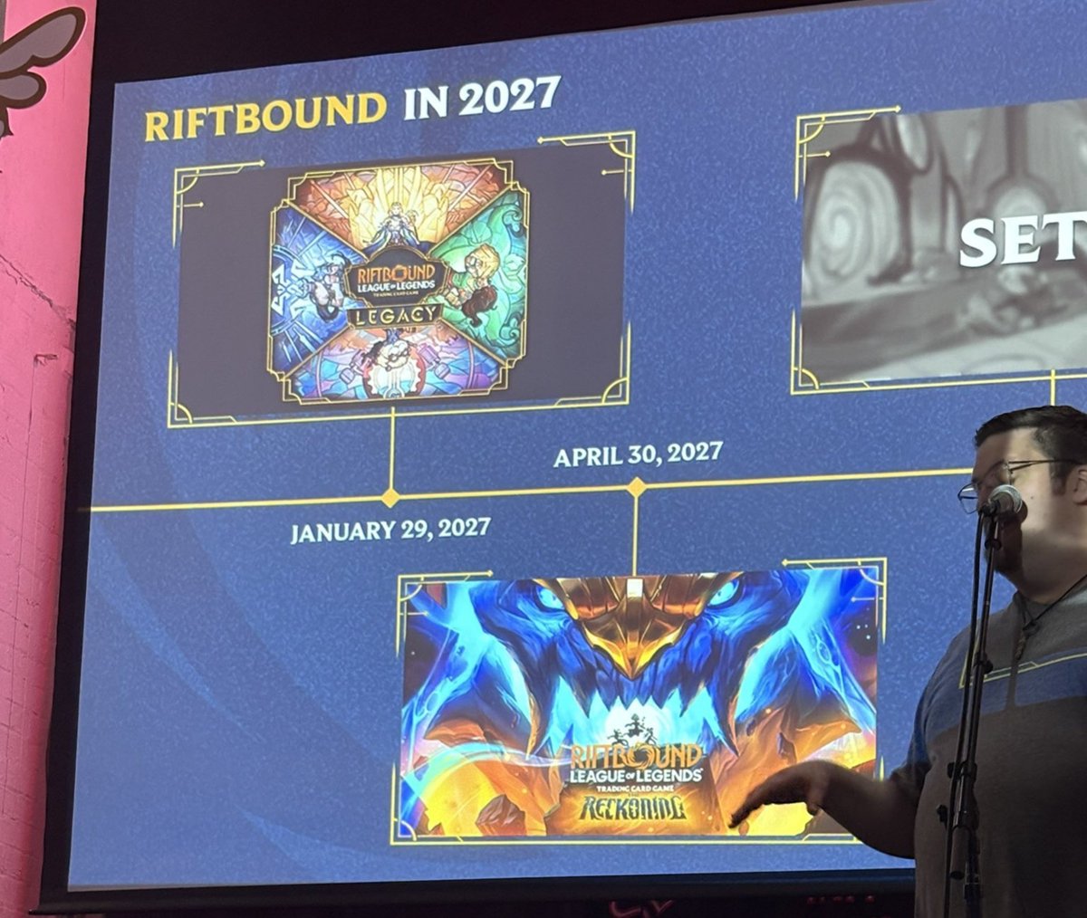 RiftboundReport's tweet photo. In the press mixer at Gen Con, we got confirmation for the names of set 6 &amp; 7! 🔥

Riftbound Set 6: Legacy (featuring Lux, Illaoi, Tryndamere, and Heimerdinger)

Riftbound Set 7: Reckoning (featuring Aurelian Sol, Neeko, Zilean, and one more character I can't quite figure out) https://t.co/Y4NB298BX0