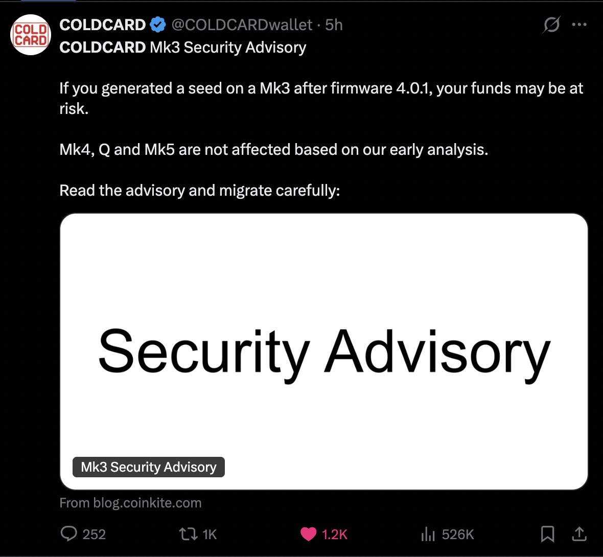 AltcoinDaily's tweet photo. Urgent: Coldcard wallets being drained.

Roughly 594 $BTC ($38M) stolen thus far from dormant single-sig wallets.

At risk if: 
• You generated a single-key wallet on a Coldcard Mk3 (2021–2023)
• No dice rolls, no passphrase, no multisig

Move funds immediately.

Cause: entropy bug from a 2021 firmware rewrite.

Does not affect Ledger, Trezor, or other hardware wallets.

Stay calm. Rushed moves create openings for scammers.