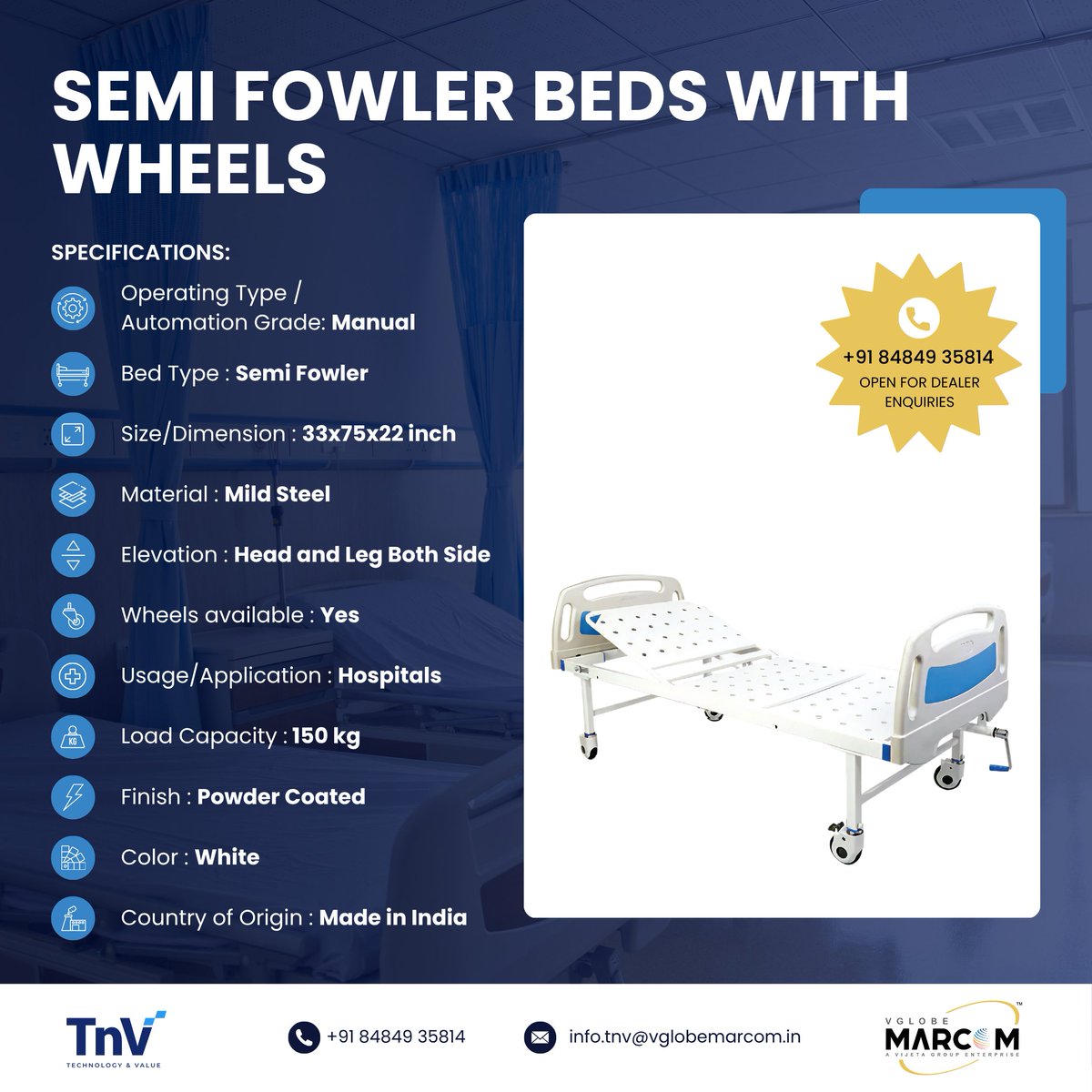 prasadshree11's tweet photo. Latest at VGlobe MarCom -
Semi Fowler Beds with or without wheels - built for reliable support, comfort &amp; effortless mobility.
🔹 Manual head &amp; leg elevation
🔹 Up to 150 kg load capacity
🔹 Ideal for hospitals, clinics &amp; nursing homes

+91 84849 35814 | https://t.co/XXpcOnC7y6 https://t.co/OVq8dMnNWk