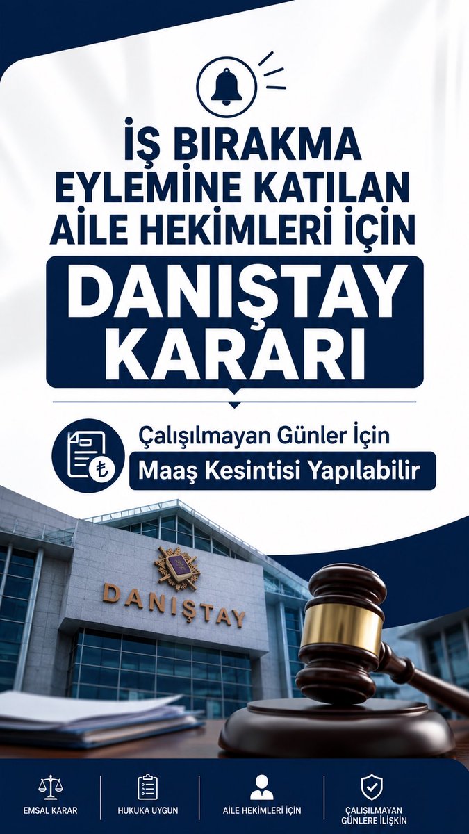 simerhukuk's tweet photo. DANIŞTAY’DAN İŞ BIRAKMA EYLEMİNE İLİŞKİN KARAR

Danıştay, iş bırakma eylemine katılan sözleşmeli aile hekimlerinin çalışmadığı günler nedeniyle idarece yapılan maaş kesintisinin hukuka uygun olduğuna hükmetti. https://t.co/Idg0h4wfnA