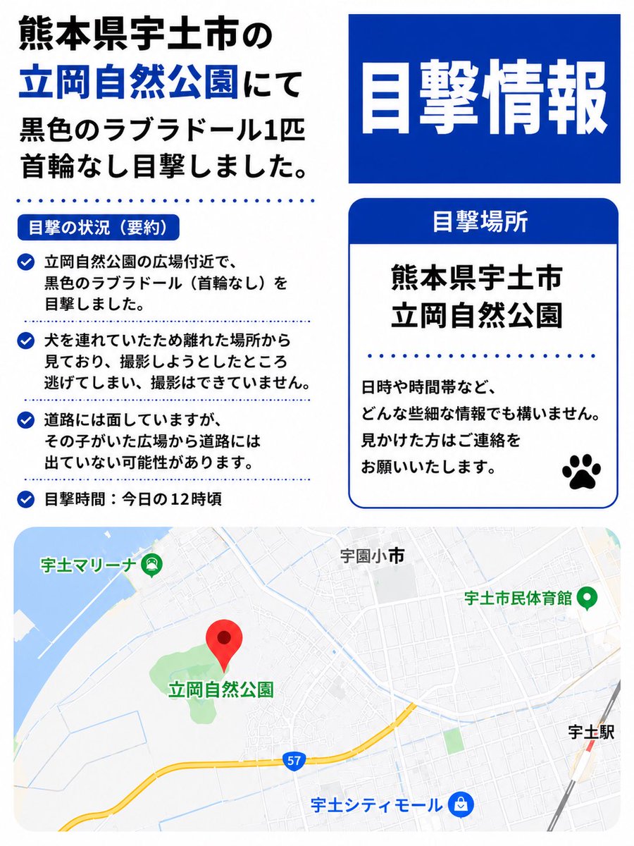 maigo_pet00's tweet photo. 🔵 目撃情報
直接DMいただきました！

熊本県宇土市 立岡自然公園 にて、黒色のラブラドールと思われる犬の目撃情報です。

📍目撃場所
熊本県宇土市 立岡自然公園

🕛目撃日時
本日12時頃

【目撃時の状況】
・黒色のラブラドールと思われる犬
・首輪なし
・広場付近にいました
・こちらも犬を連れていたため離れた場所から見ていました。
・写真を撮ろうと携帯を出したところ逃げてしまい、撮影はできませんでした。

道路に面した場所ではありましたが、広場付近にいたため、道路へ出ていないことを願っています。

お心当たりのある方や、この犬を探している方がいらっしゃいましたら、ぜひご連絡ください。

小さな情報でも大切ですので、拡散のご協力をよろしくお願いいたします。