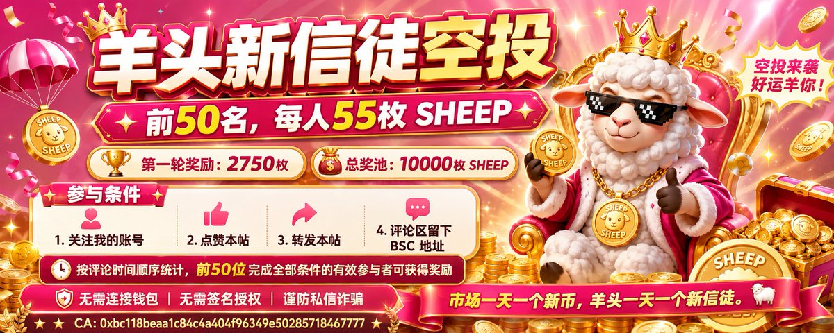 fengjinchehu90's tweet photo. 羊头信徒空投｜前50名每人55枚 羊头

#羊头 正在被越来越多人看见。
这一次，我拿出第一批羊头，送给最早参与传播的50位朋友。
🎁 前50位有效参与者，每人获得55枚羊头
💰 按活动发布时价格估算，每份约1美元
⏰ 名额满50人后，本轮活动结束

参与条件：
① 关注我的账号
② 点赞本帖
③ 转发本帖
④ 在评论区留下你的 BSC钱包地址
按评论时间顺序统计，前50位完成全部条件的有效参与者均可获得奖励。

每个X账号、每个BSC地址只能领取一次；重复地址、多账号参与或取消转发，将失去本轮资格。

不需要连接钱包，
不需要签名授权，
不需要支付任何手续费。
现在的55枚只是一次见面礼，未来价值交给市场和时间。
市场一天一个新币，羊头一天一个新信徒。🐏
CA：
 0xbc118beaa1c84c4a404f96349e50285718467777