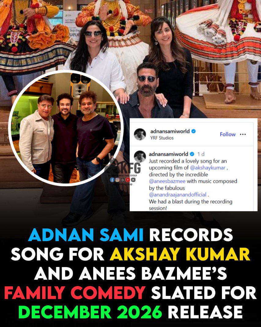 AKFansGroup's tweet photo. Adnan Sami has recorded a song for Akshay Kumar and Anees Bazmee's upcoming untitled family entertainer. 

The singer shared a studio picture with Anees Bazmee and composer Anand Raaj Anand, confirming his association with the film.

#AkshayKumar𓃵 #AdnanSami https://t.co/BYP3LbyDRn