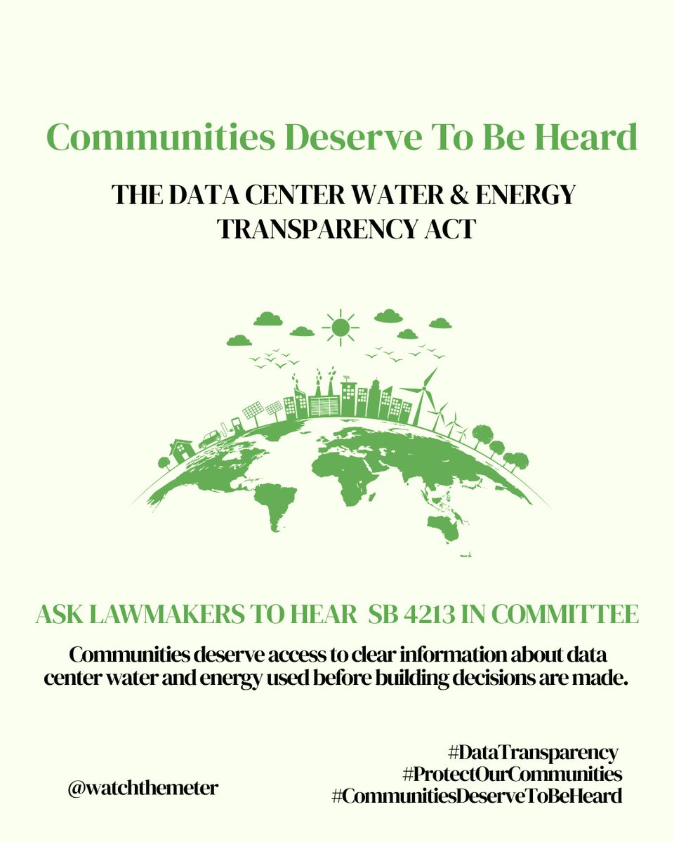 WatchtheMeter's tweet photo. SB 4213 introduces reporting requirements for data centers’ water &amp; energy usage.

Before communities have a say, Congress must hear the bill in committee.

Communities deserve a voice in decisions that impact them.

#DataCenterTransparency #CommunityVoices https://t.co/saU9uY4isx