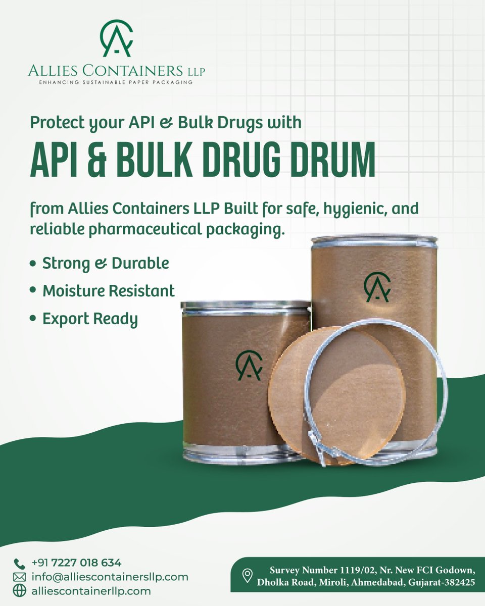 AlliesLlp's tweet photo. Protect your APIs &amp; Bulk Drugs with packaging built for performance. 
Strong &amp; Durable
Moisture Resistant
Export Ready
Reliable pharmaceutical packaging 
+91 7227 018 634
https://t.co/wt3bCgF42b 

#PharmaceuticalPackaging #APIDrums #BulkDrugDrums #AlliesContainersLLP https://t.co/hCtu0zo2th