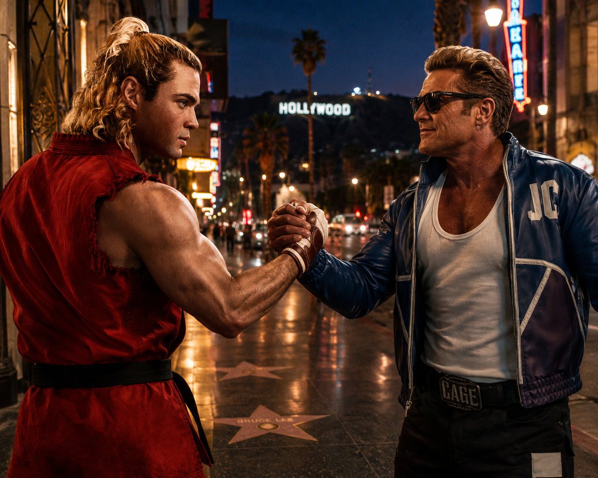 RyuKang1995's tweet photo. Another Mortal Kombat II X Street Fighter movie crossover picture.

Ken and Johnny Cage greeting each other in Hollywood. https://t.co/bEN54jdHtw