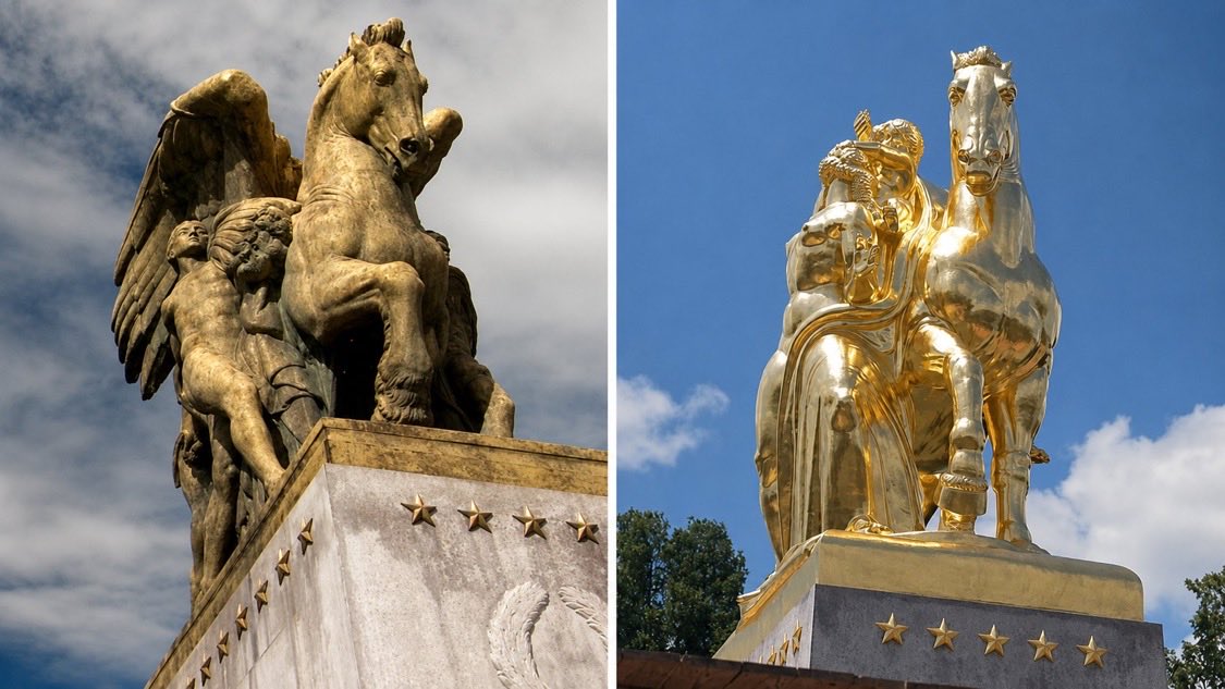 Rep_Stansbury's tweet photo. While you were over here trying to figure out how you were going to cover the rent and food—this guy was over there using $5.1 million in taxpayer money YOU paid into the system to cover these statues in 23 karat gold. Yeah, he did that. https://t.co/4T9a7gytBh
