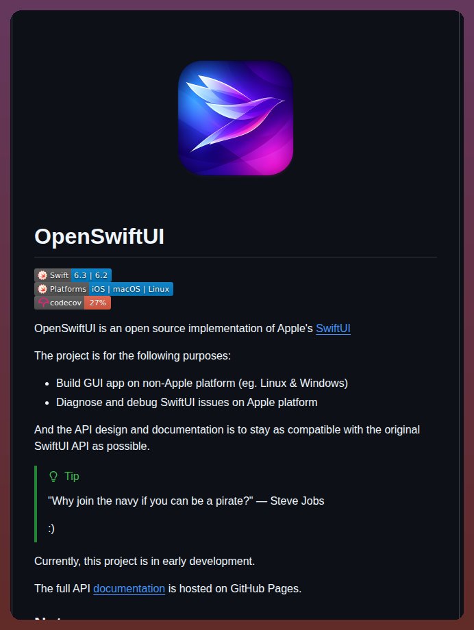 OpenSwiftUI를 사용하여 Linux 및 Windows와 같은 비 Apple 플랫폼에서 GUI 앱을 구축하거나 SwiftUI 문제를 대표 이미지
