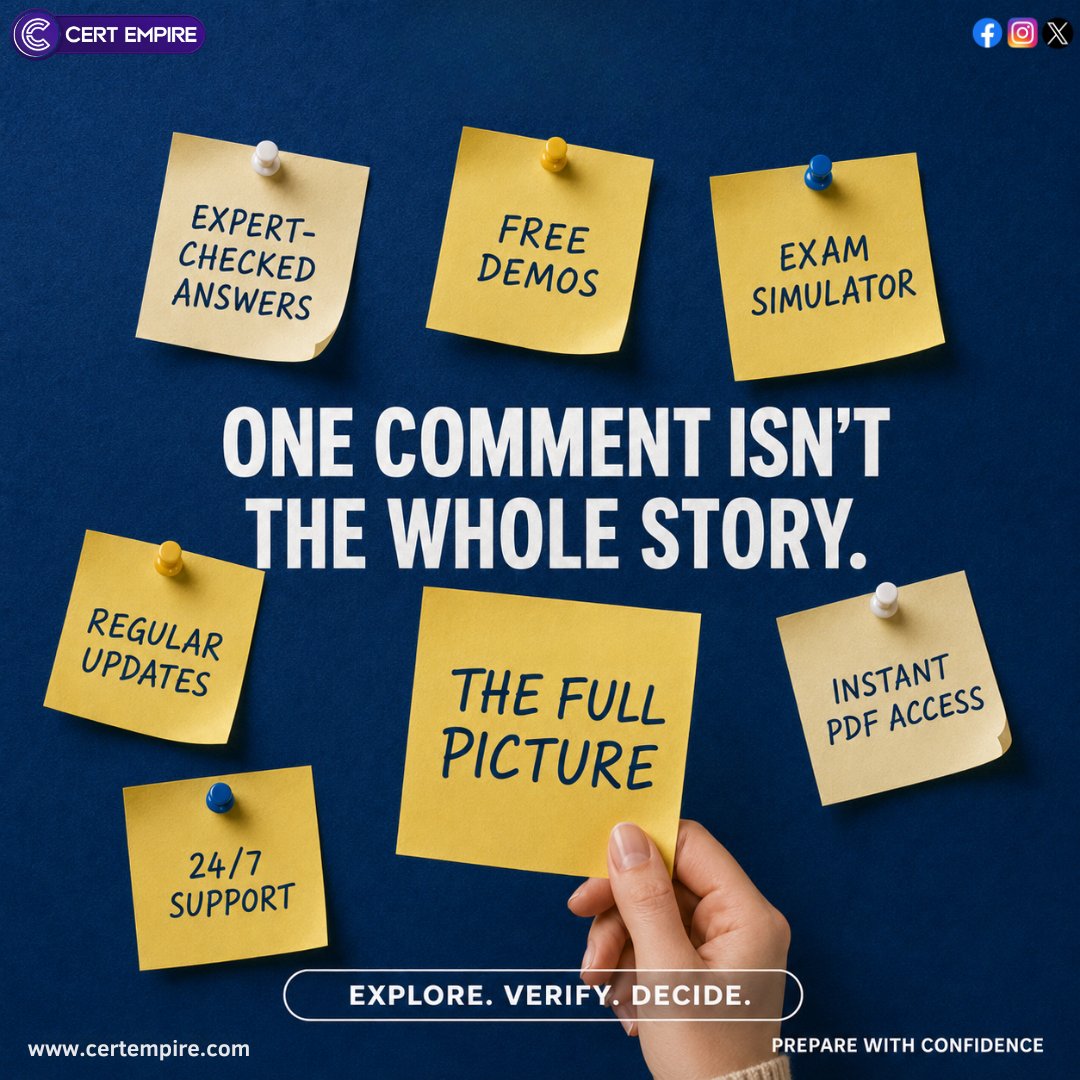 CertEmpire's tweet photo. Your trust matters. We listen, improve, and keep showing up. 💙

Cert Empire stays focused on updated exam prep, expert-checked answers, simulator practice, and responsive support.

See what customers share:
https://t.co/06ZSDaezQm
#CertEmpire https://t.co/dPvgOU21ae