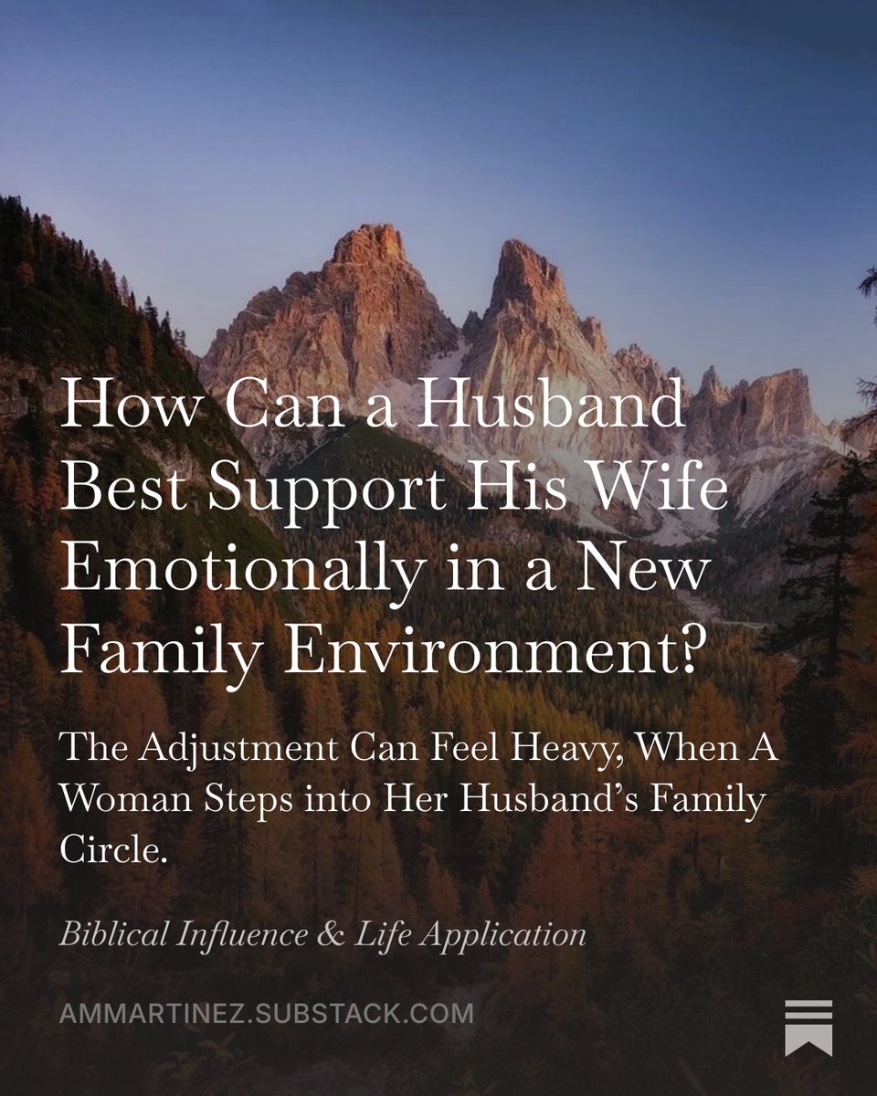 Patriarchs30's tweet photo. When a woman steps into her husband’s family circle, the adjustment can feel heavy. The husband’s role is crucial: listen, protect, reassure, and put her emotional needs high on the list. Christlike love makes her feel she belongs.

Read more: [Substack link]
https://t.co/1LjNLtkPG2

#ChristianMarriage #HusbandSupport #1Peter3 #EmotionalSupport #BiblicalHusband #FamilyTransition #ChristlikeLove #MarriageAdvice

Book: I Cannot Give You What I Do Not Have: Finding Unconditional Love in Christ
https://t.co/ruWVEXw8Ic

Study Guide: I Cannot Give You What I Do Not Have: Companion Study Guide: Healing Generational Wounds Through 40 Devotions
https://t.co/PNPaW4GRcU