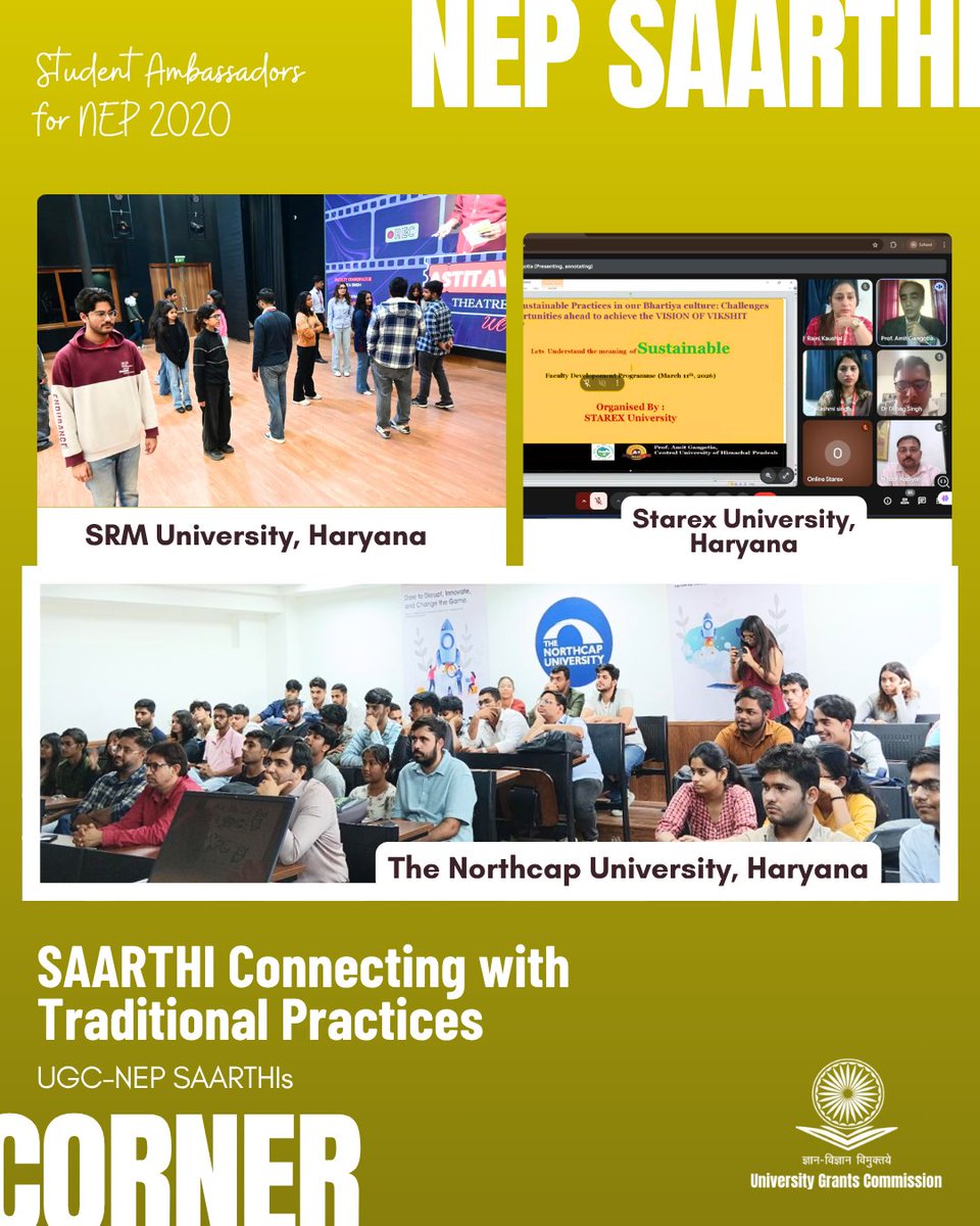 ugc_india's tweet photo. "NEP SAARTHI Corner"

UGC-NEP SAARTHIs Leading Various Initiatives at IILM University, Haryana; Maharana Pratap Horticultural University, Haryana; Manav Rachna International Institute of Research & Studies, Haryana; SRM University, Haryana; Starex University, Haryana; The Northcap University, Haryana; World University of Design, Haryana; Central University of Himachal Pradesh; Chitkara University, Himachal Pradesh; Eternal University, Himachal Pradesh; Jaypee University of Information Technology, Himachal Pradesh; and Maharaja Agrasen University, Himachal Pradesh

Watch this space every Sunday to learn more about how our Student Ambassadors are spreading awareness about NEP 2020!

#NEP2020 #NEP_SAARTHI #StudentAmbassadors