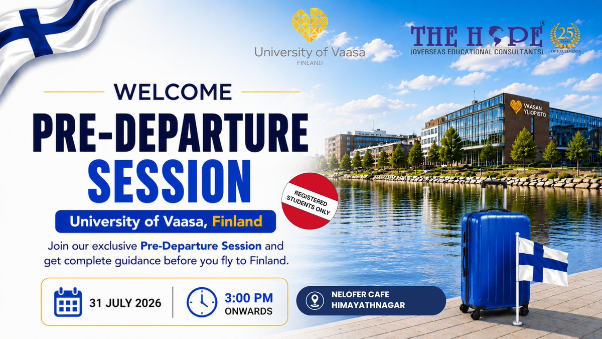 hope_the38440's tweet photo. ๐ซ๐ฎ๐ Ready for Finland?
Join our University of Vaasa Pre-Departure Session and get all the guidance you need before your journey.
๐
31 July | 3:00 PM
๐ Nelofer Cafe, Himayatnagar
๐ +9000550055
๐ https://t.co/EeYkMxogJM
#UniversityOfVaasa #StudyInFinland #PreDepartureSession https://t.co/bLaLxCM0ci
