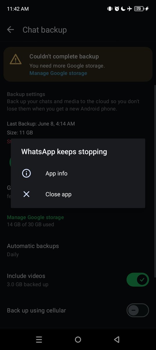 reader_05fee's tweet photo. Guys, ini wa aku kenapa ya? 
Tiba tiba ga bisa dibuka dengan muncul tulisan "WhatsApp keeps stopping" padahal sebelumnya aku ga mencet apa apa
Aku kira karena penyimpanan Drive yang buat back up wa penuh, tapi waktu aku tambah penyimpanan di Drive, masih ga bisa dibuka juga. https://t.co/R5KlNAcvjc