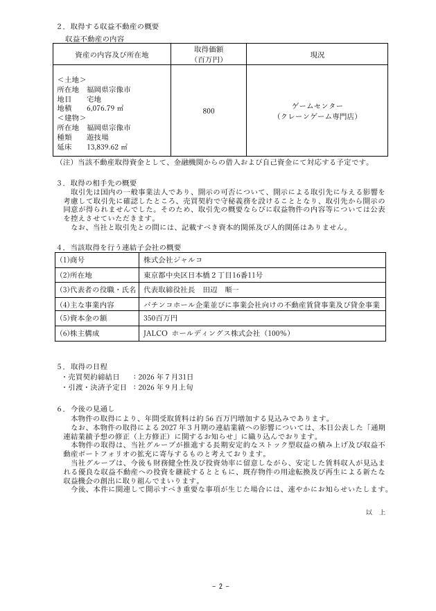 jalco6625's tweet photo. 『連結子会社における収益不動産の取得に関するお知らせ』
https://t.co/XhfBxYiY3Y https://t.co/YEGS33Mgx1