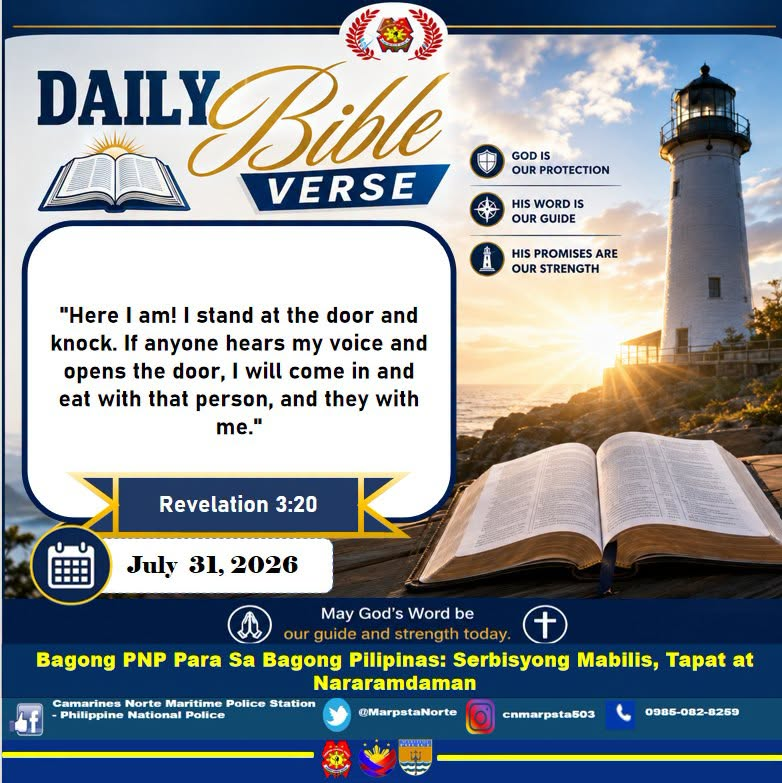 MarpstaNorte's tweet photo. Daily Bible Verse | Revelation 3:20
#BagongPilipinas
#ByLandAndSeaWeOvercome
#ToServeandProtect
#BagongPNPparaSaBagongPilipinas:SerbisyongMabilisTapatAtNararamdaman https://t.co/kDJYjf6Vle
