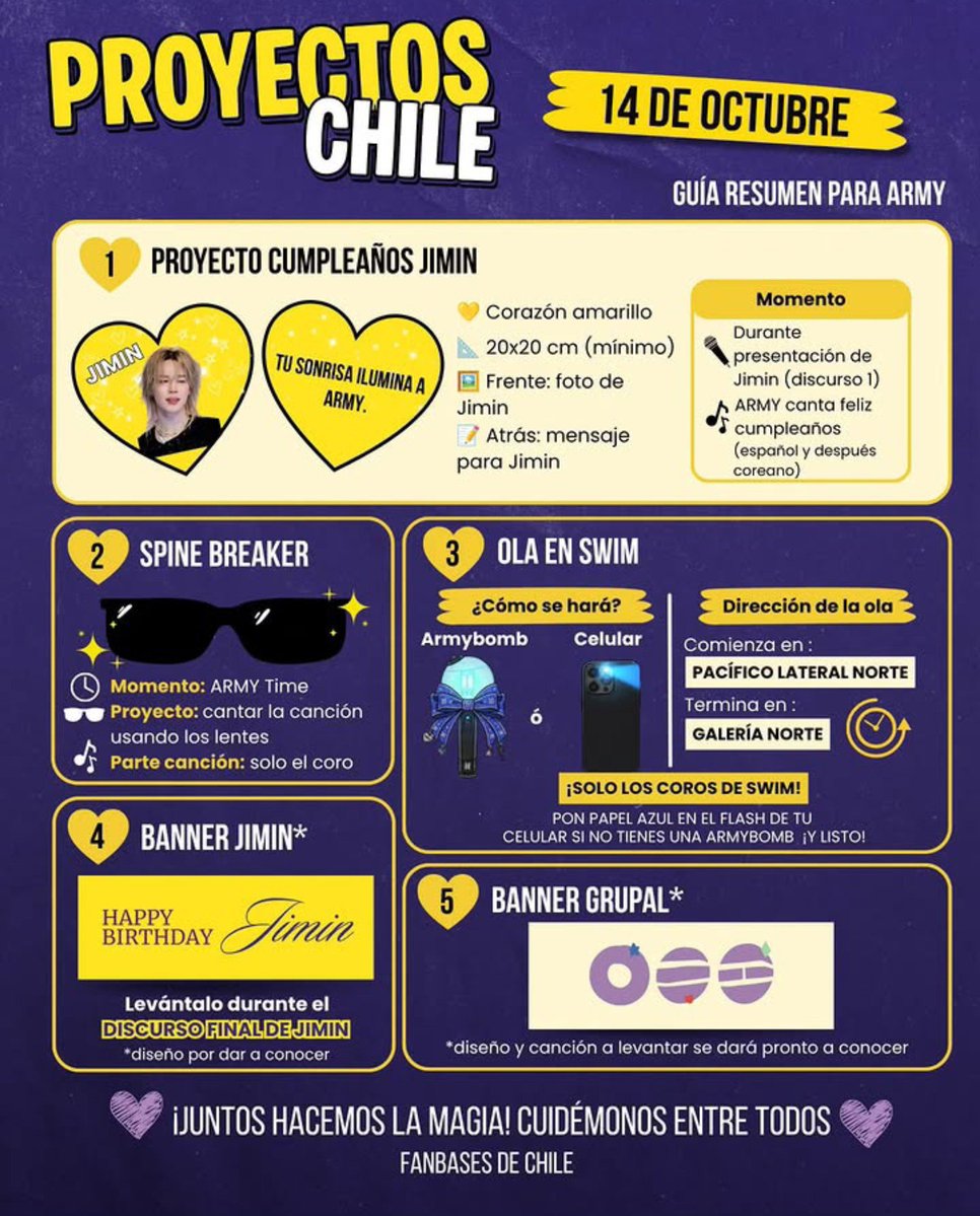 LoveWilRemember's tweet photo. Estaba viendo los fan projects oficiales de Army Chile

RECORDATORIOS 

-Ensayen el cumpleaños feliz en coreano
-Corazón amarillo para Jimin (14oct)
-Lleven lentes negros X3 días
- Ola en Swim X3 días 
- Plantilla de fuego en army bomb (16 octubre)
-Abanicos de amor (17 octubre) https://t.co/kxLnmzXXKT