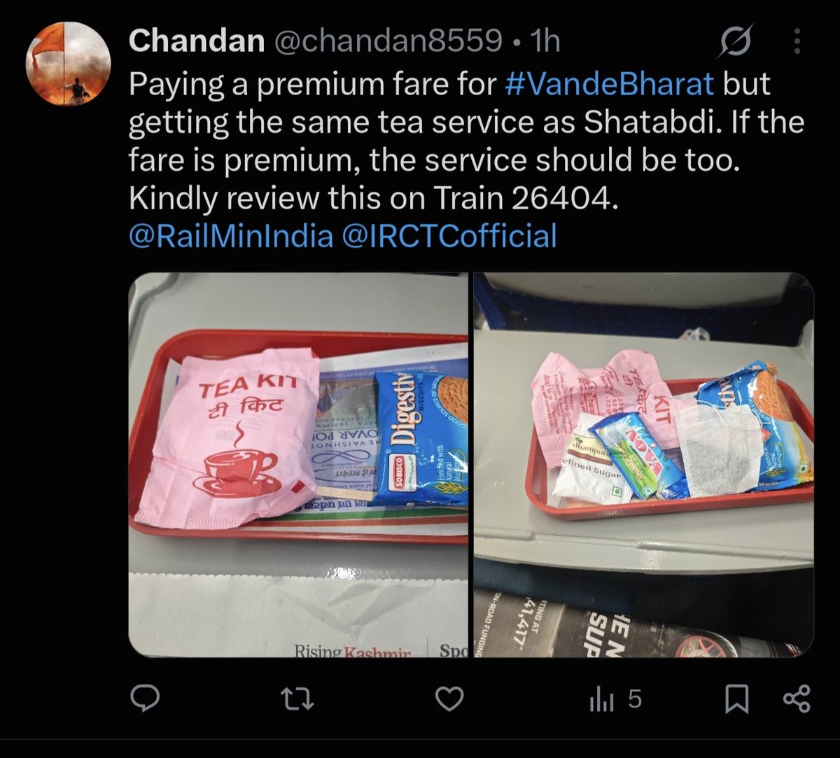 chandan8559's tweet photo. I am happy with service &amp; resolution provided to me by coach staff (tea premix and premium breafast given) in coach C16, train 26404, seat 73, 74 against complaint. Thankyou Indian railways and coach staff for this prompt reaction. @IRCTCofficial @RailMinIndia https://t.co/u3vXxolvpp