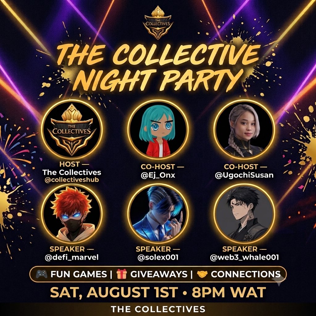collectiveshub's tweet photo. We’re bringing the whole fam together for a night of vibes, games, giveaways and real connections. 🖤🔥

🎮 Fun Games
🎁 Giveaways
🤝 Connections
&amp; a whole lot more…

📅 SAT, August 1st 2026
⏰ 8PM WAT

This is your sign to pull up. 🚀

SET YOUR REMINDER AND SEE YOU THERE. 🎨🖤 https://t.co/LBWofazWmE