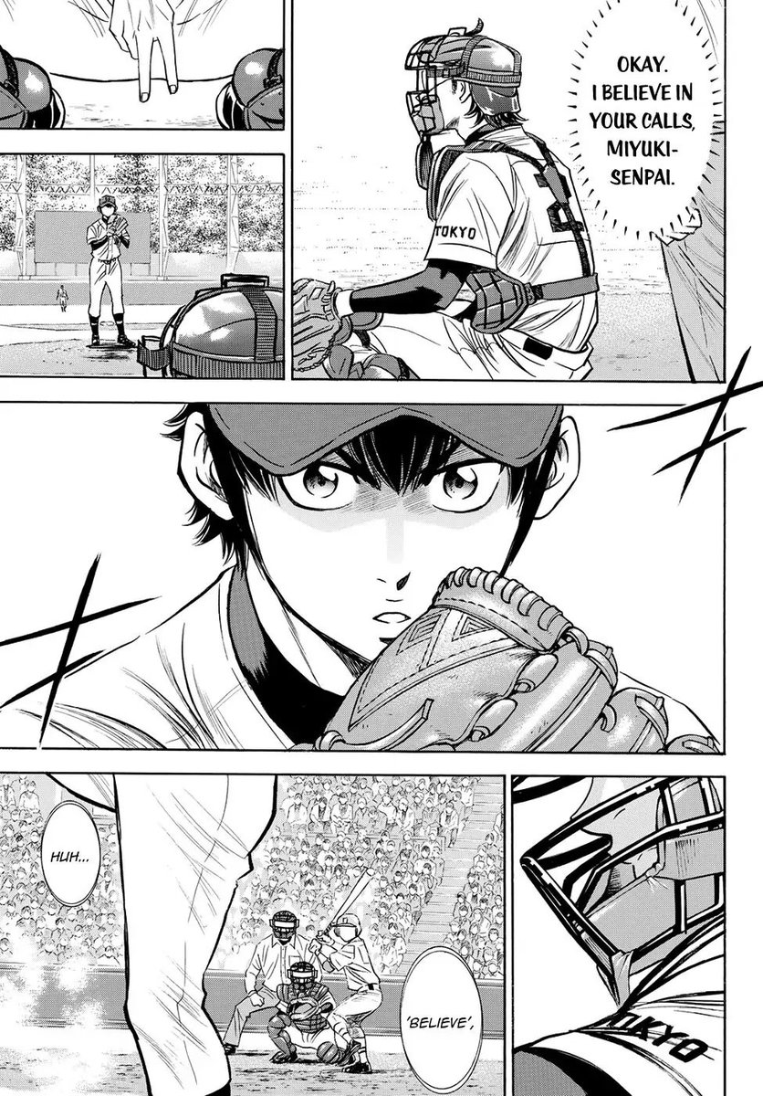 chatbakerr's tweet photo. There are different interpretations of this scene. 

One is Miyuki was moved by Eijun's trust in his calls and his performance after being given a tough condition + https://t.co/oGrjBI1jVz