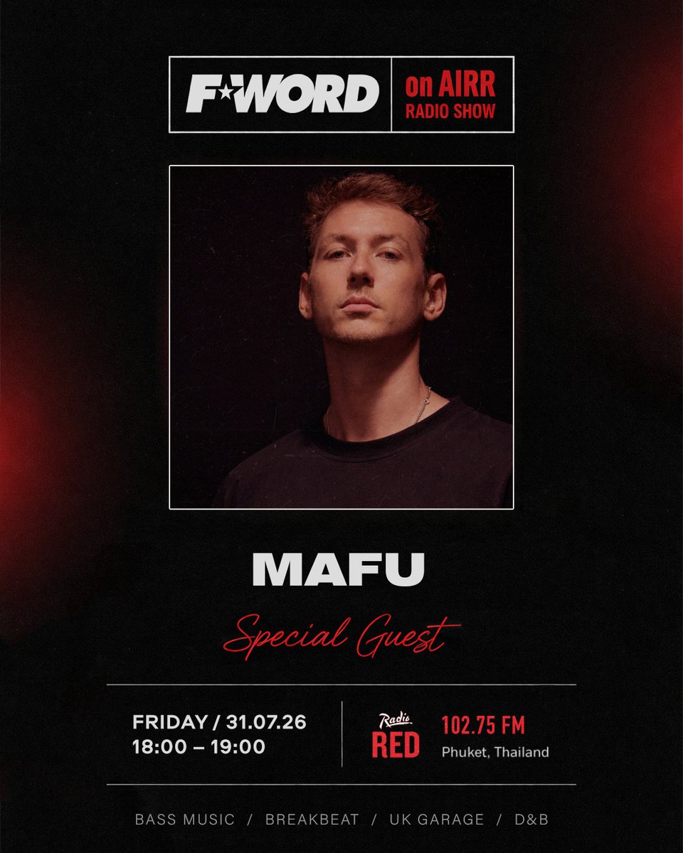 daFWORD's tweet photo. This Friday, we welcome MAFU to F-WORD on AIRR Radioshow.

MAFU is an electronic music producer, DJ and co-founder of the No More Snow project. 

Tune in at 18:00 on 102.75 FM or online at https://t.co/xon97PdP2V

#breaks #breakbeat #bassmusic #beats #radioredphuket https://t.co/0Rc9QucdsU