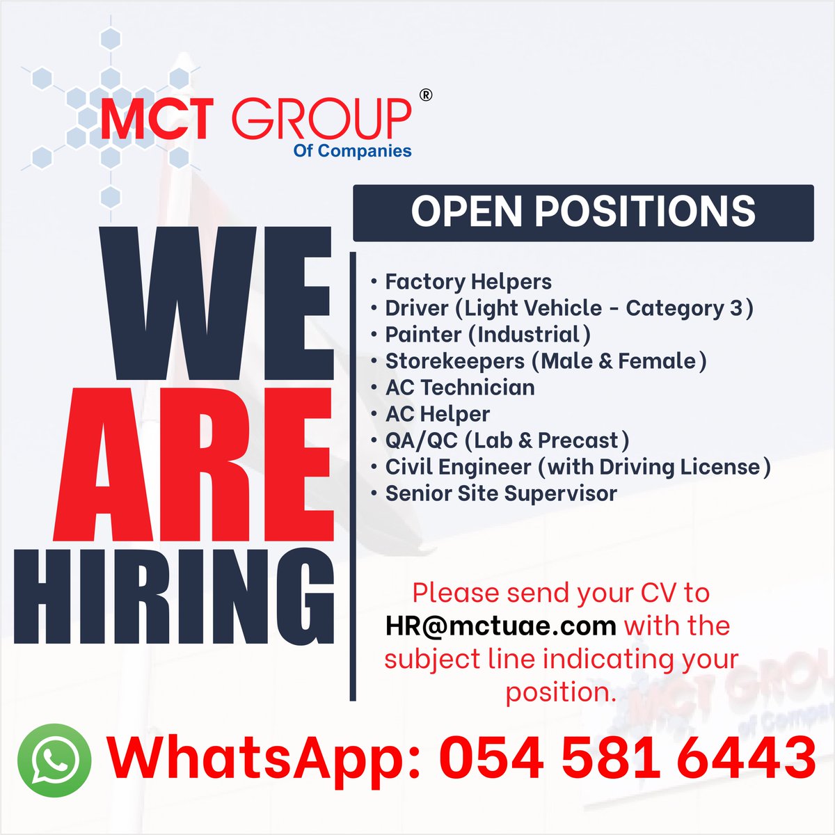 mctgroup_UAE's tweet photo. 🚀 𝐖𝐄 𝐀𝐑𝐄 𝐇𝐈𝐑𝐈𝐍𝐆! 𝐉𝐨𝐢𝐧 𝐭𝐡𝐞 𝐌𝐂𝐓 𝐆𝐫𝐨𝐮𝐩 𝐨𝐟 𝐂𝐨𝐦𝐩𝐚𝐧𝐢𝐞𝐬 𝐓𝐞𝐚𝐦! 🚀

𝐇𝐨𝐰 𝐭𝐨 𝐀𝐩𝐩𝐥𝐲:
📧 𝐄𝐦𝐚𝐢𝐥 𝐲𝐨𝐮𝐫 𝐂𝐕 𝐭𝐨: HR@mctuae.com

💬 𝐀𝐥𝐭𝐞𝐫𝐧𝐚𝐭𝐢𝐯𝐞 𝐀𝐩𝐩𝐥𝐢𝐜𝐚𝐭𝐢𝐨𝐧 𝐯𝐢𝐚 𝐖𝐡𝐚𝐭𝐬𝐀𝐩𝐩: 𝟎𝟓𝟒 𝟓𝟖𝟏 𝟔𝟒𝟒𝟑 https://t.co/USnKyfid0K