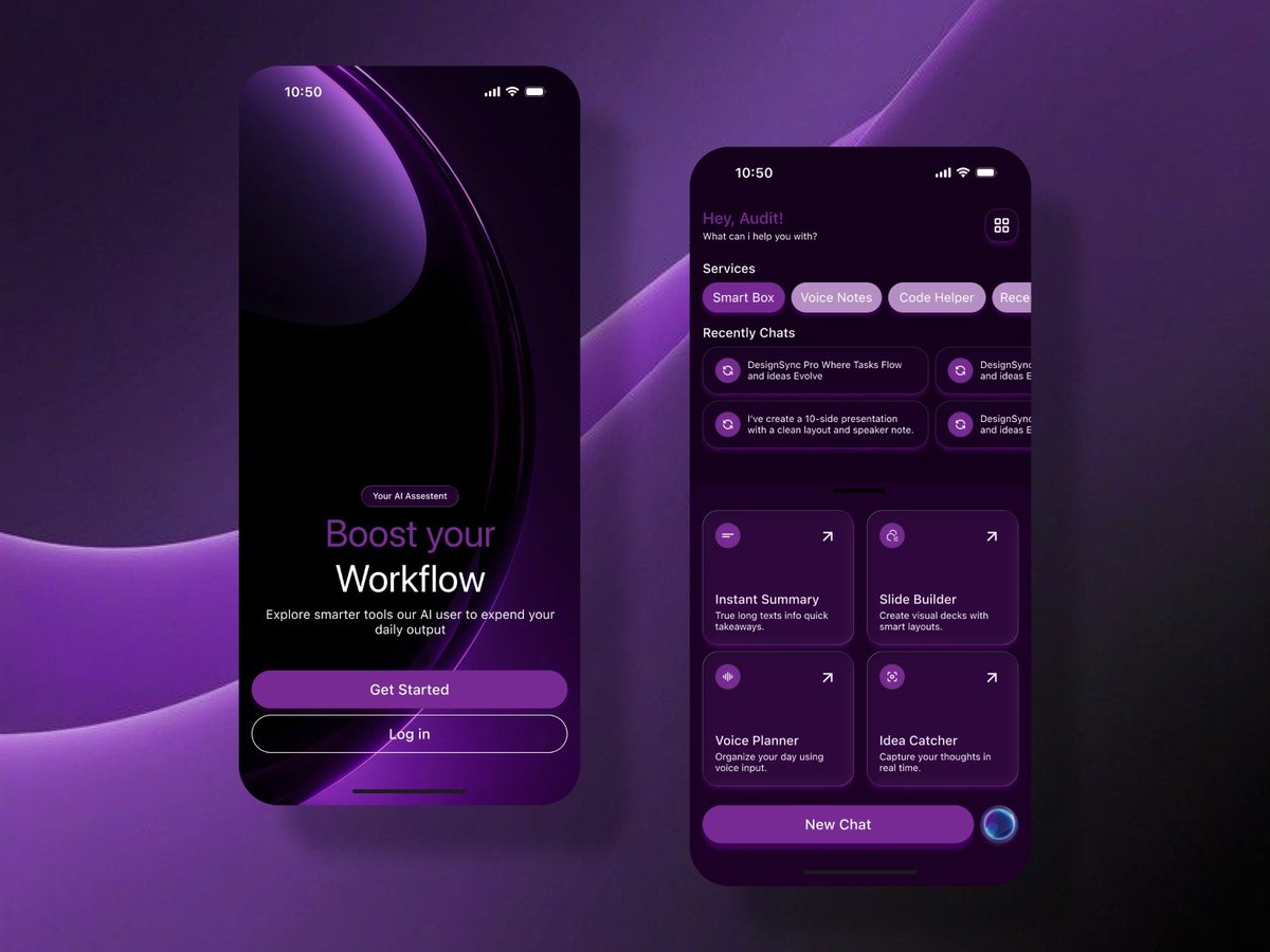 _pushkar0's tweet photo. Daily UI #93 — AI Assistant Splash Screen &amp; Dashboard
This concept focuses on a premium dark interface with glowing purple gradients, glassmorphism cards, and an intuitive workspace.
#DailyUI #UIDesign #UXDesign #Figma #MobileDesign #AI #Glassmorphism #ProductDesign #AppDesign https://t.co/8o4eGTZSHt