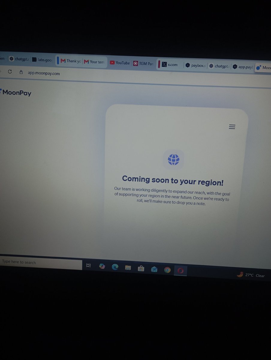 Resilientsam6's tweet photo. Guys!!.. Moonpay is not in ur region 😔
But it's all good at least we tried our best to participate.
More goodies ahead 🤝 https://t.co/u9d3FzLkQT