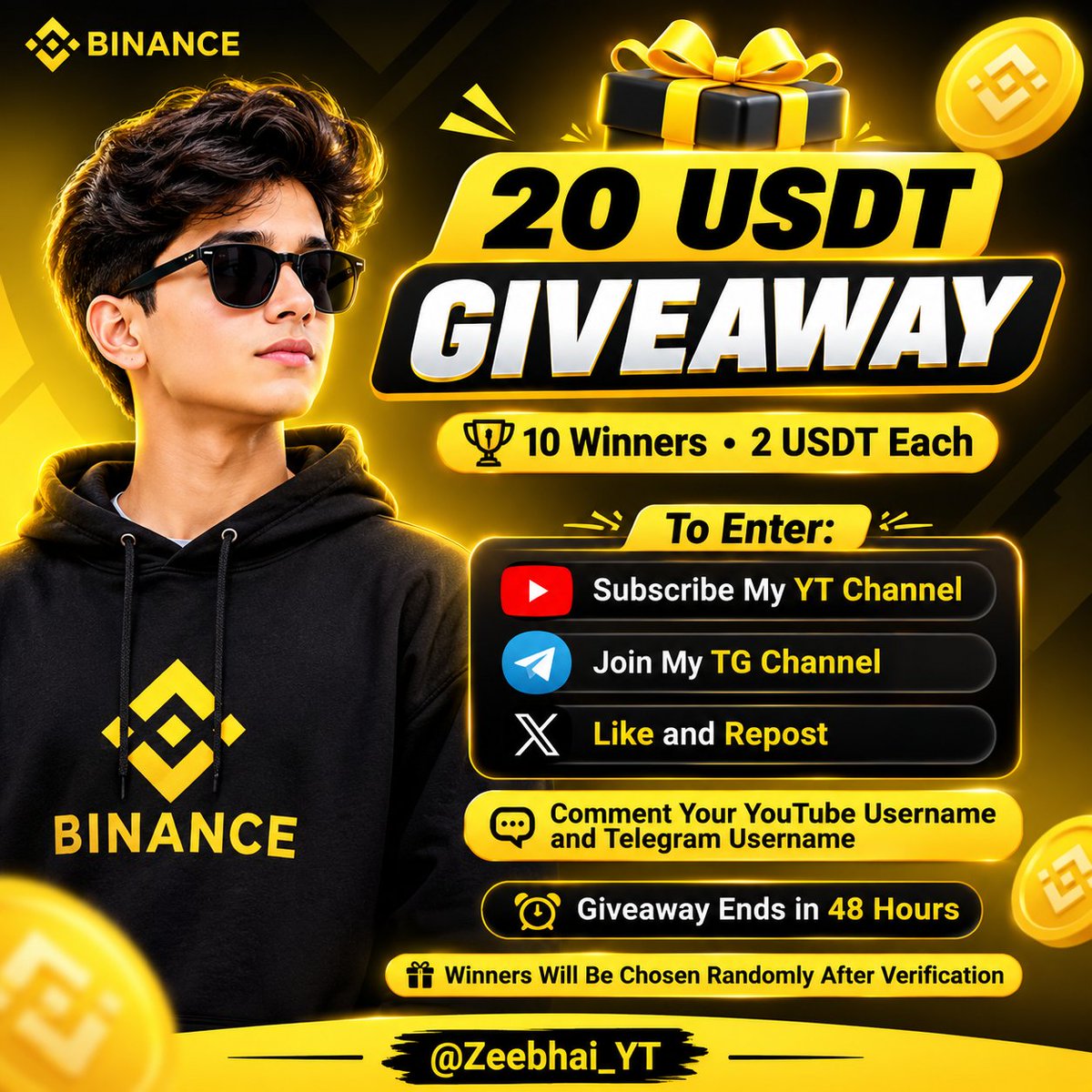 Zeebhai_YT's tweet photo. 🎉 20 USDT GIVEAWAY 🎉

🏆 10 Winners
💵 2 USDT Each

How to Enter

✅ Subscribe My YouTube Channel
https://t.co/KfhQOcmOrS

✅ Join My Telegram Channel
https://t.co/K7s35S32sd

✅ Like and Repost This Post

✅ Comment Your YouTube Username and Telegram Username

⏰ Giveaway Ends in 48 Hours

🎲 Winners Will Be Chosen Randomly After Verification

Good Luck Everyone 💛