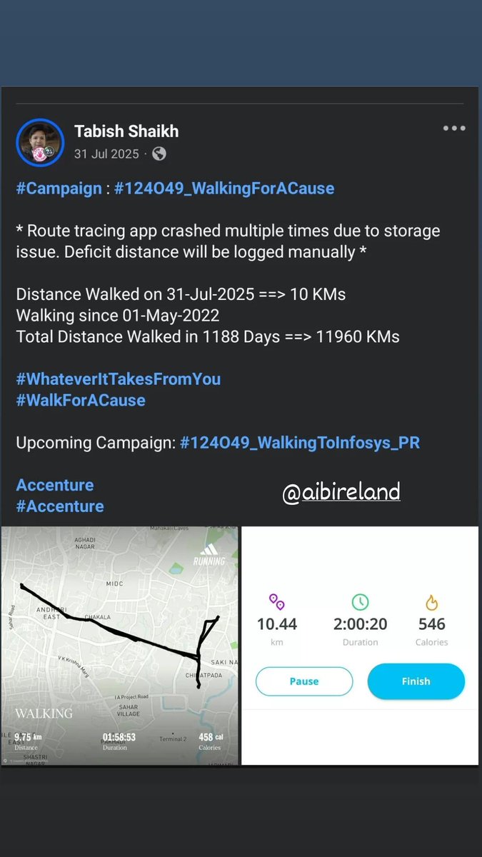 TabishSk21's tweet photo. #WalkForACause

* #Campaign : #124O49_RunningForACause *

Distance Ran on 31-Jul-2024 ==> 05 KMs
Running since 09-Aug-2022 
Total Distance Ran in 723 Days ==> 3615 KMs

#WhateverItTakesFromYou
#RunForACause

 Campaign: #124O49_WalkingToInfosys_PR 

@AIBIreland 
#AlliedIrishBank https://t.co/v6JCXoE98E