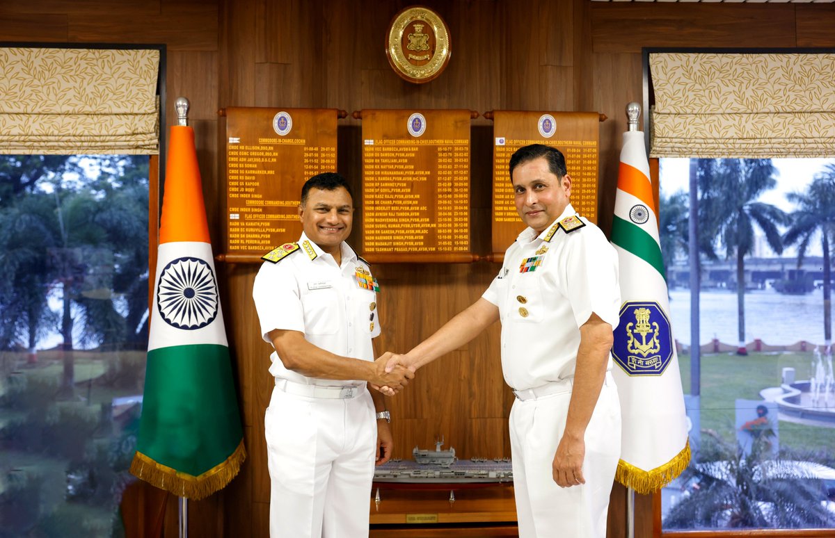 IN_HQSNC's tweet photo. Admiral Krishna Swaminathan, Chief of the Naval Staff, arrived at #SouthernNavalCommand, Kochi on a two-day visit on 29 Jul 26. 
He was received by VAdm Sameer Saxena, #FOCINC #SNC.  During the visit, he was briefed on operational activities, training initiatives and key capability-enhancement projects at SNC.
The visit reinforced the #IndianNavy’s People First and Always approach and reiterates it’s commitment to build itself into an agile, adaptive and technically-skilled force that is adept at executing challenges across the full spectrum of naval operations.
@indiannavy @IndiannavyMedia @SpokespersonMoD @DefenceMinIndia @DefencePROkochi