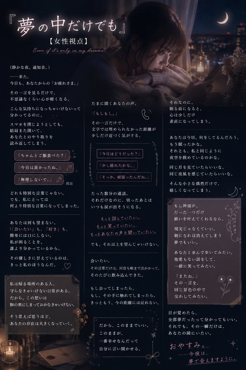 Oryou_HandH's tweet photo. おと恋(@otoren30)企画に参加♡

タイトル
『夢の中だけでも【女性視点】』
『夢の中だけでも【男性視点】』

#おと恋30
#おと恋30台本
#フリー台本
#シチュエーションボイス台���
#大人の恋愛

🔽Pixiv版
【女性視点】 https://t.co/jWWthiOHXA
【男性視点】 https://t.co/0uwKW0Pi3L https://t.co/1WNuFLspqw