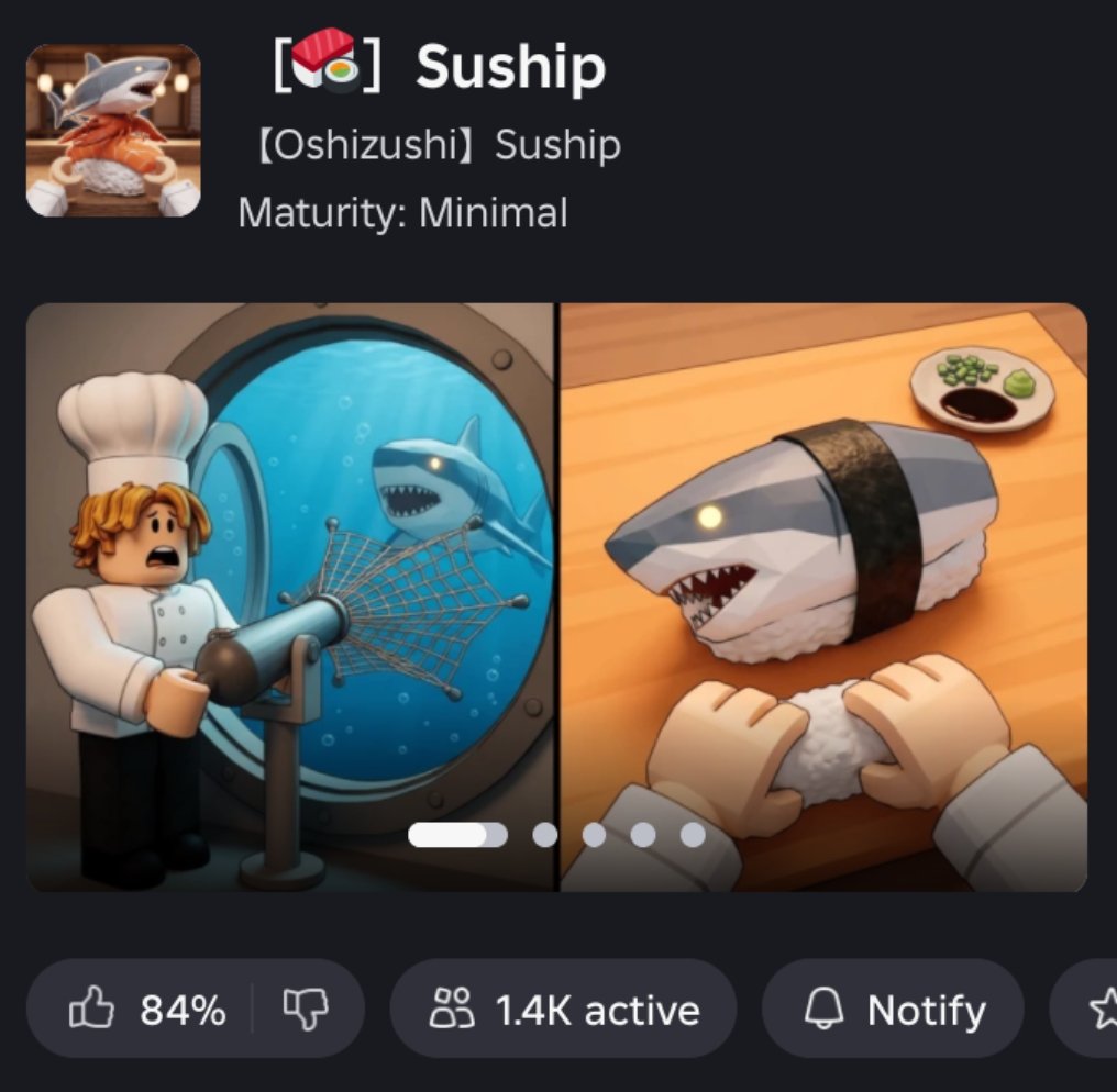 IDKStats's tweet photo. Suship has been rising on Roblox recently

The game is about teaming up with up to 4 friends to run a floating sushi restaurant in the middle of the ocean https://t.co/lXxfjA56kE
