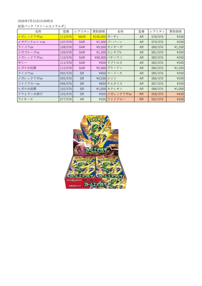 ポケモンカード】 15:00オープン時点の新弾買取表です🙆‍♀ ※横浜店