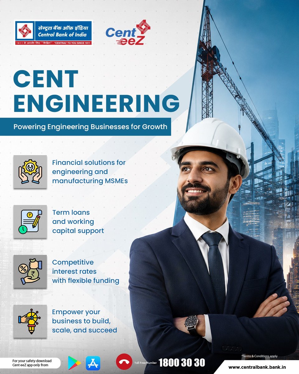 centralbank_in's tweet photo. Fuel your engineering business with the right financial support. Cent Engineering offers flexible funding solutions to help you build, expand, and achieve your business goals with confidence.
#CentralBankOfIndia #CentEngineering #CentralToYouSince1911 https://t.co/Sx2U4nZoMz