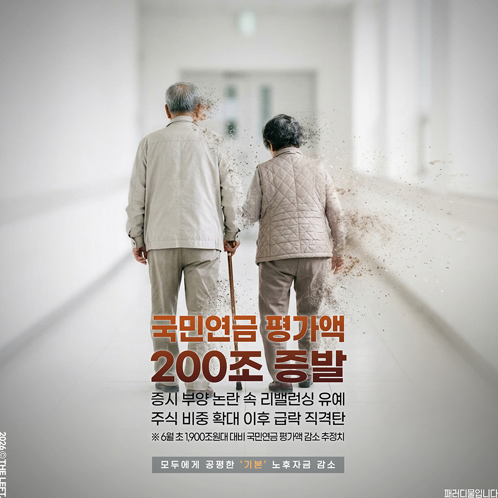 1theleft's tweet photo. 국민연금 평가액 200조 증발
증시 부양 논란 속 리밸런싱 유예
주식 비중 확대 이후 급락 직격탄

모두에게 공평한 ‘기본’ 노후자금 감소
#패러디 #이게다이재명때문이다 https://t.co/wKhjh7d4i0