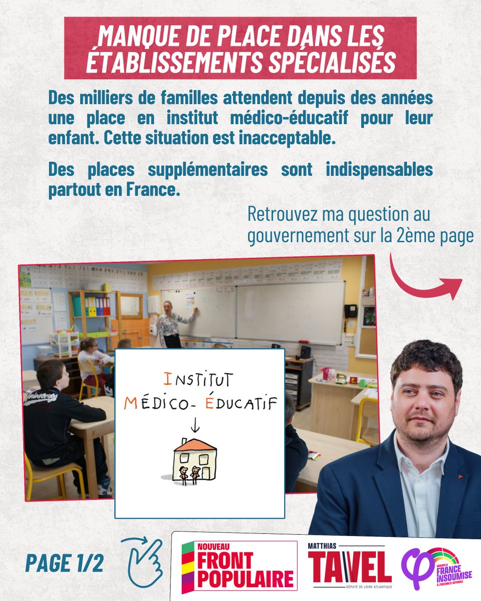 MatthiasTavel's tweet photo. Des milliers de familles attendent depuis des années une place en institut médico-éducatif (IME) pour leur enfant. Cette situation est inacceptable. Des places supplémentaires sont indispensables partout en France. Ma question au gouvernement : https://t.co/jlhatsS7k1
