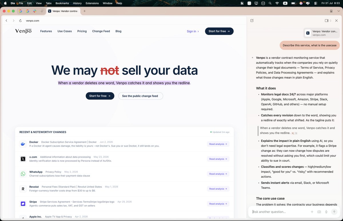 vankov1's tweet photo. Just tried @diabrowser and I love the layering of each panel, the chat on the side and how seamless the address bar is, the small rounded corners and light shadows. Since it is Chromium powering it – feels familiar.

I'm really curious about their terms and data usage practices. https://t.co/AsRLNKCvu7