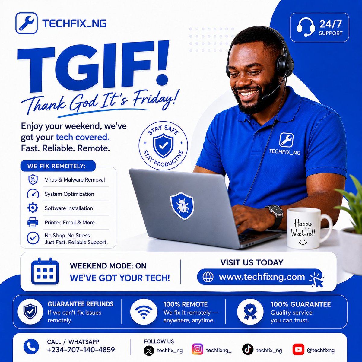 techfix_ng's tweet photo. TGIF! Start your weekend stress-free. Let TechFixNG handle your computer issues remotely—fast, secure, and reliable. We've got your tech, so you can enjoy your weekend.
🌐 https://t.co/wOv9Y1J2mE | 📞 +234 707 140 4859 https://t.co/lEwlTvnnpO