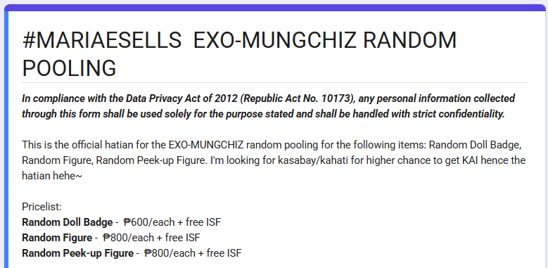bmariaerigom's tweet photo. #MARIAESELLS HATIAN WTS LFB HELP RT

EXO MUNGCHIZ - Random Merch Pooling
Order here: https://t.co/WE8OY22jHx
(Please make sure to read the details in the form first)

Thank you! *sana mapauwi natin mga bias' mungchiz natin*