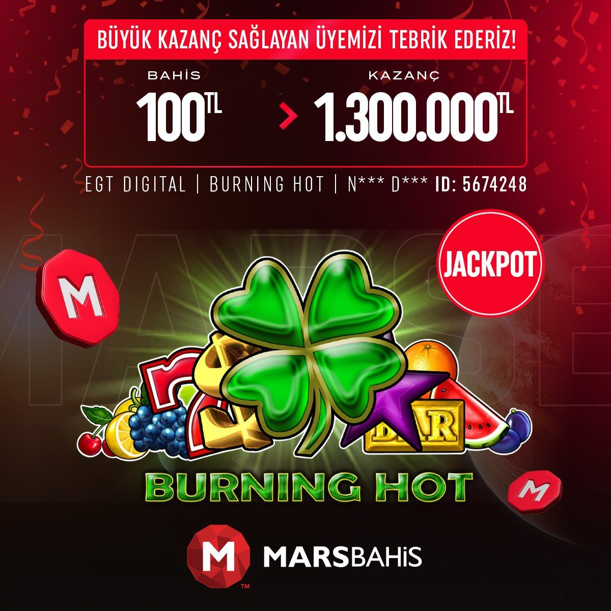 Guncellbonuslar's tweet photo. ✨ Marsbahis'te kazanç katlanarak büyüyor!! ✨

💸 EGT DIGITAL sağlayıcısı BURNING HOT oyununda 100 TRY ile 1.300.000 TRY kazanç sağlayan  (5674248) üyemizi tebrik ederiz. 🎉 🍀

Tek dokunuşla, büyük kazançlar yakalamak #MARSBAHİS ile mümkün https://t.co/LdV0W1w8lS https://t.co/strrglQVPM