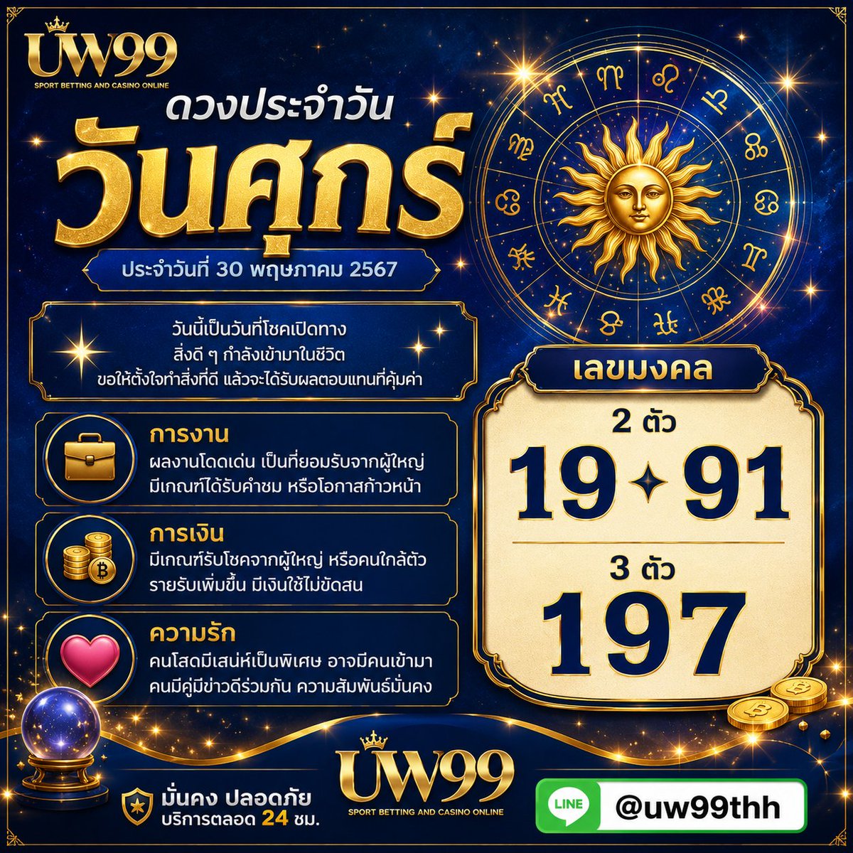thuw046's tweet photo. ✨🔮 **ดวงประจำวัน วันศุกร์** 🔮✨

วันนี้เป็นวันแห่งโอกาสใหม่ ๆ สิ่งที่ตั้งใจมีเกณฑ์ประสบความสำเร็จ การงานโดดเด่น การเงินมีข่าวดี และความรักเต็มไปด้วยพลังบวก 💙

🍀 เลขมงคลวันนี้ : **19 • 91 • 197**
https://t.co/PYaXMXkJXS

ขอให้ทุกคนมีแต่ความโชคดี สมหวัง และพบเจอแต่เรื่องดี ๆ ตลอดทั้งวันนะคะ 🙏✨

#ดวงประจำวัน #ดวงวันศุกร์ #ดูดวง #สายมู #เลขมงคล #เสริมดวง #โชคดี #พลังบวก #มูเตลู #วันนี้ดวงดี #uw99 #uw99th #uw99thailand
