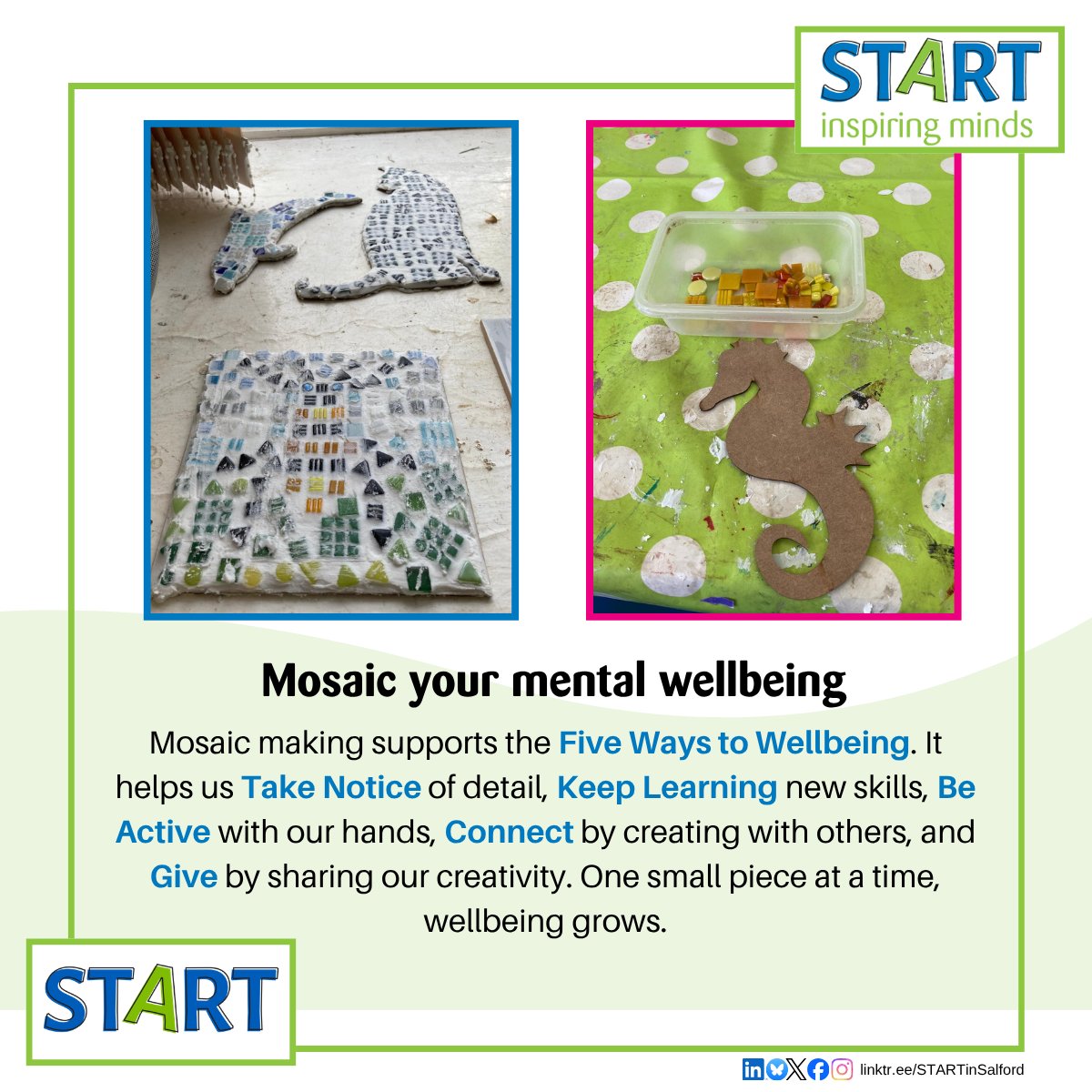STARTinspminds's tweet photo. Mosaic making supports the Five Ways to Wellbeing. It helps us Take Notice of detail, Keep Learning new skills, Be Active with our hands, Connect by creating with others, and Give by sharing our creativity. One small piece at a time, wellbeing grows. https://t.co/CkhyAeJVKw