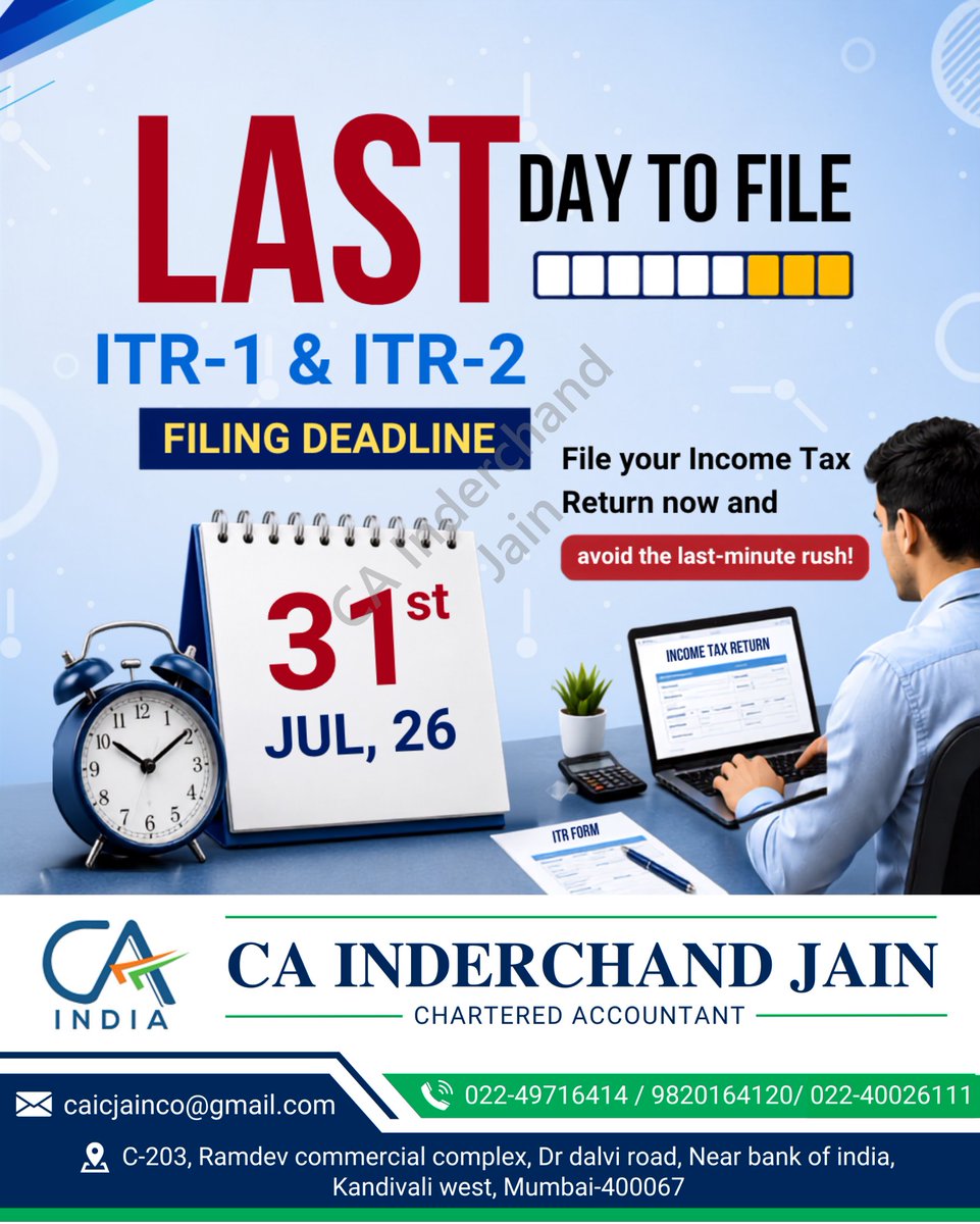 icjainco's tweet photo. Last day to file Income tax return

#IncomeTax #ITR https://t.co/Th3DzzLfEn
