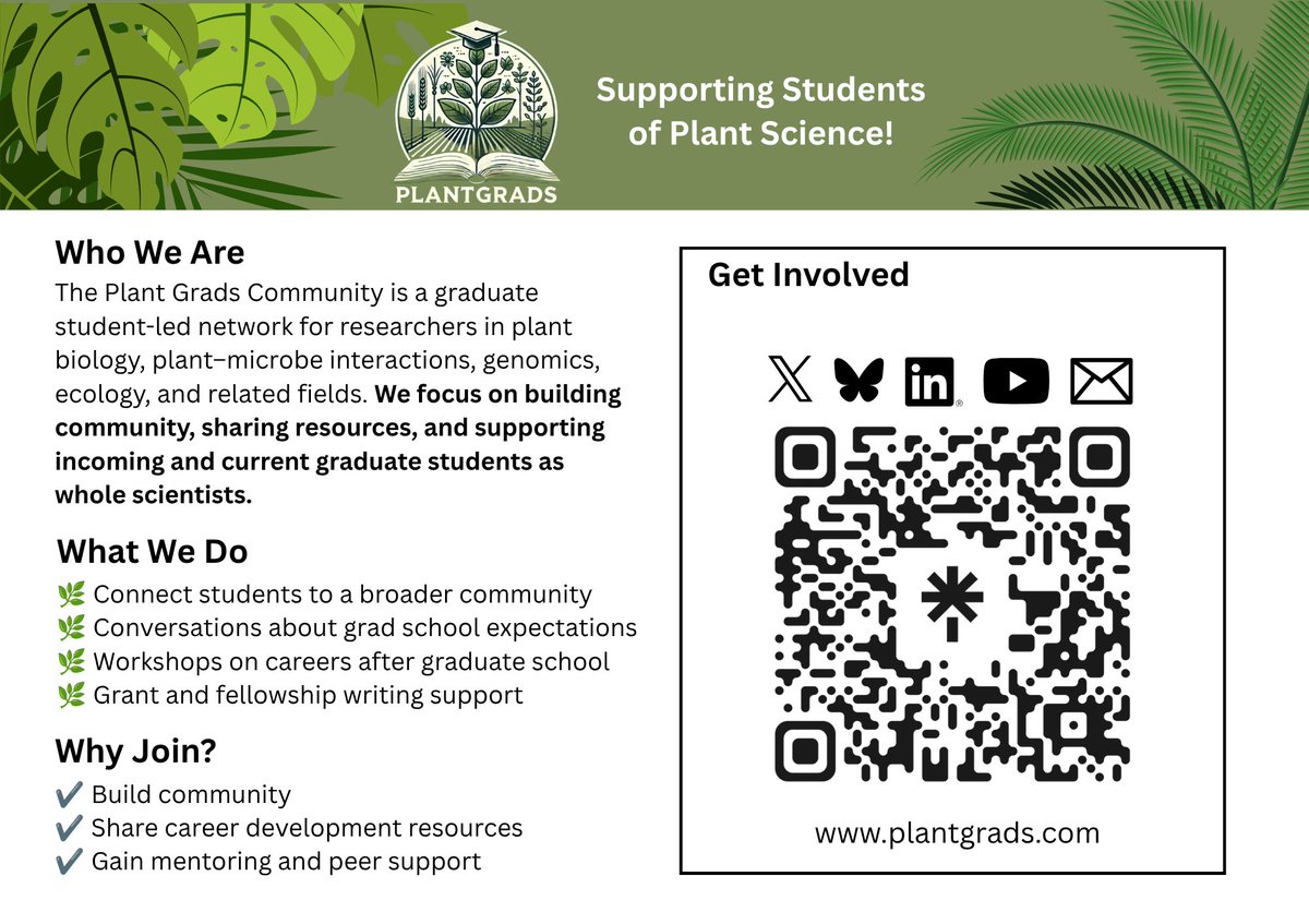 PlantGrads's tweet photo. Wondering what @plantgrads is all about?
We're a grad student-led community across plant biology. Building community, sharing resources, and supporting students.
Join: https://t.co/XhV9i6UlPi
Socials + upcoming webinars: https://t.co/gW8Kz0wpvV #Plantgrads #PlantSci #PhDLife https://t.co/rsIACE8NWc