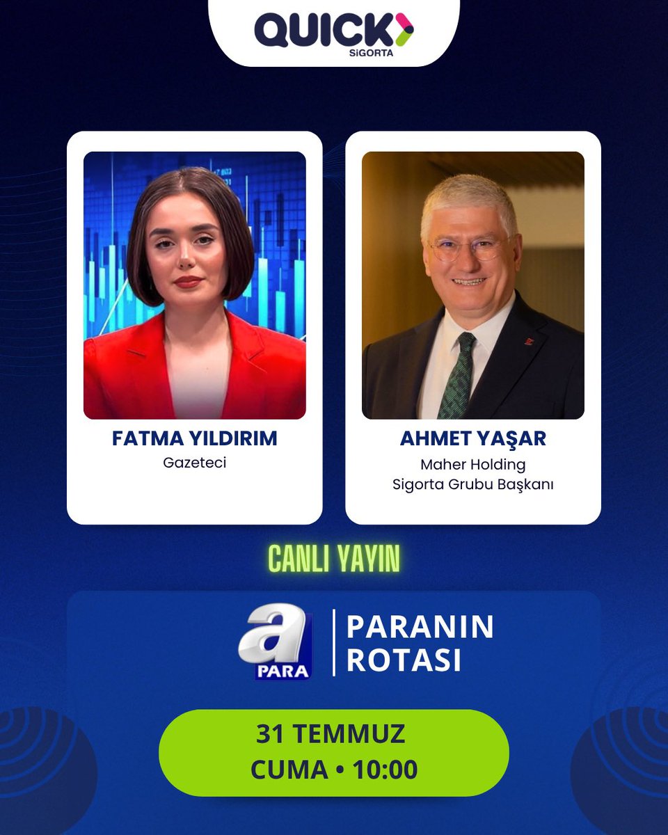 quicksigorta's tweet photo. Maher Holding Sigorta Grubu Başkanı Ahmet Yaşar, Fatma Yıldırım’ın sunduğu “Paranın Rotası” programının canlı yayınına konuk oluyor. 📺
#APara #QuickSigorta https://t.co/HMDnR4hv3p